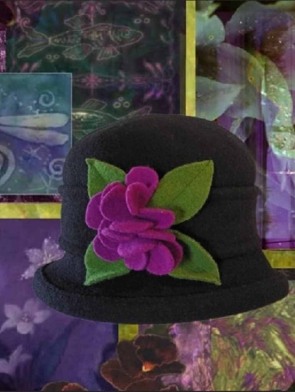 VTG Parkhurst Black Wool Felt Cloche Hat with Purple Flower and Green Leaves